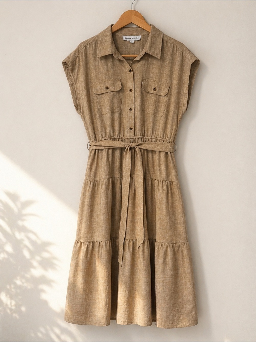 Emma & Michele Tan Utility Shirt Dress Tie Waist Tiered Midi Large